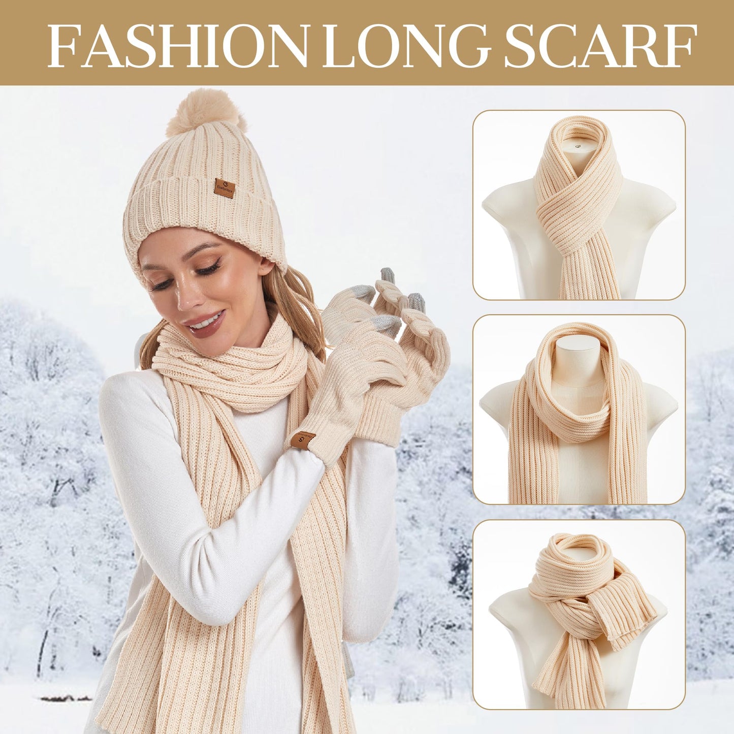 Coolprince Womens Long Scarf Gloves and Hat Set Cold Weather Hat Scarf Glove Set for Women Winter Beanie Hats with Pom Pom Apricot