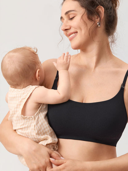 MOMANDA Women's Ribbed Nursing Bras Seamless Bralettes Maternity Wirefree Sports Breastfeeding Bra Black 2 L