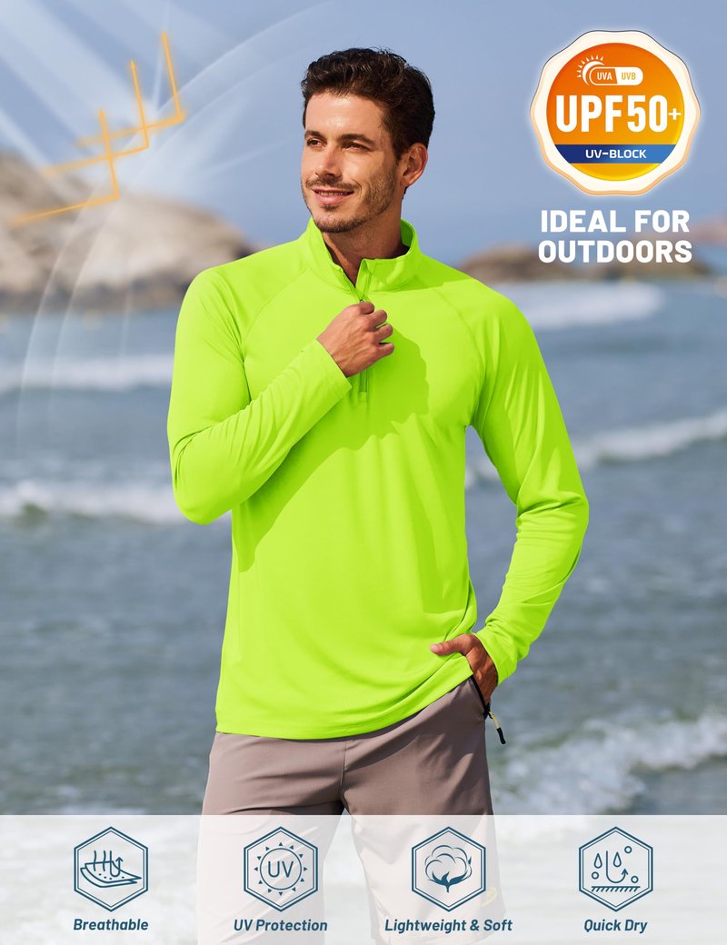 TACVASEN Men Long Sleeve Swim Shirts Sun Protection Quick Dry 1/4 Zip Pullover Running Workout Shirts Fluorescent Green L