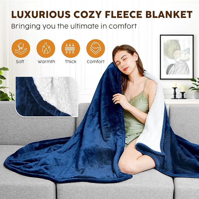 HYLEORY Heated Electric Blanket Twin 62"x84" Soft Fleece & Flannel with 5 Heating Levels & 10 Hours Timer Auto Shutt Off, ETL Certified, Washable，Heated Blanket for Body-Navy
