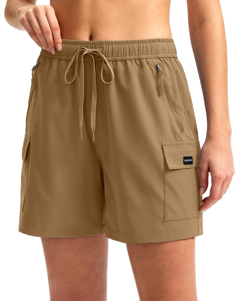 SANTINY Women's 5''/ 7''/9'' Hiking Cargo Shorts Quick Dry Lightweight Summer Shorts for Women Athletic Golf Zipper Pockets(Dark Khaki_XXL)