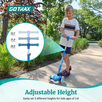 Gotrax KS1 Kids Kick Scooter, LED Lighted Wheels and 3 Adjustable Height Handlebars, Lean-to-Steer & Widen Anti-Slip Deck, 3 Wheel Scooter for Boys & Girls Ages 2-8 and up to 100 Lbs (Blue)