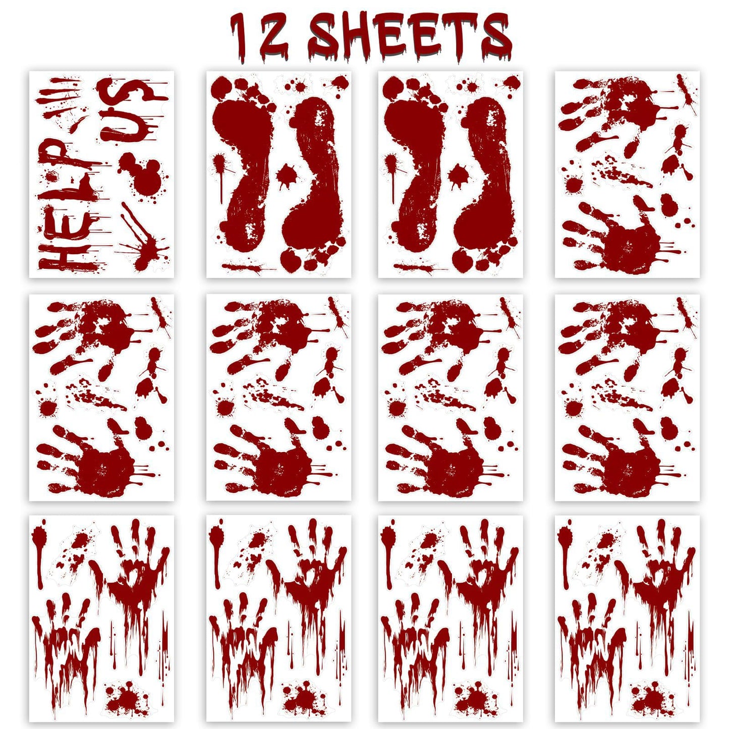 Halloween Window-Clings-Decorations Bloody-Handprint-Footprint Stickers, Scary Halloween Party Indoor/Outdoor Decoration, for Windows, Car - 12 Sheets
