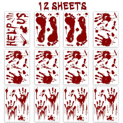 Halloween Window-Clings-Decorations Bloody-Handprint-Footprint Stickers, Scary Halloween Party Indoor/Outdoor Decoration, for Windows, Car - 12 Sheets