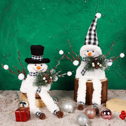 Lulu Home Christmas Snowman Decorations, Set of 2 Plush Shelf Sitters with Dangling Legs, Buffalo Checked Christmas Snowman Ornaments for Table Mantel Desk Fireplace Home Holiday Decor