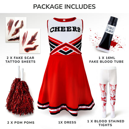 Zombie Cheerleader Halloween Costume for Kids Ages 7-9, Zombie Fancy Dress Outfit for Girls with Pom Poms, Tights, Red High School Cheerleader Costume and Fake Blood, Easy Halloween Kids Dress Up Pack
