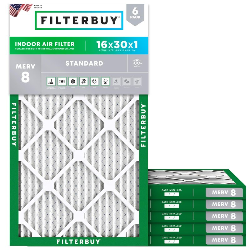 Filterbuy 16x30x1 Air Filter MERV 8 Essential Dust & Allergy Defense (6-Pack), Electrostatic Pleated HVAC AC Furnace Filters Replacement, Made in USA (Actual Size: 15.75 x 29.75 x 0.75)