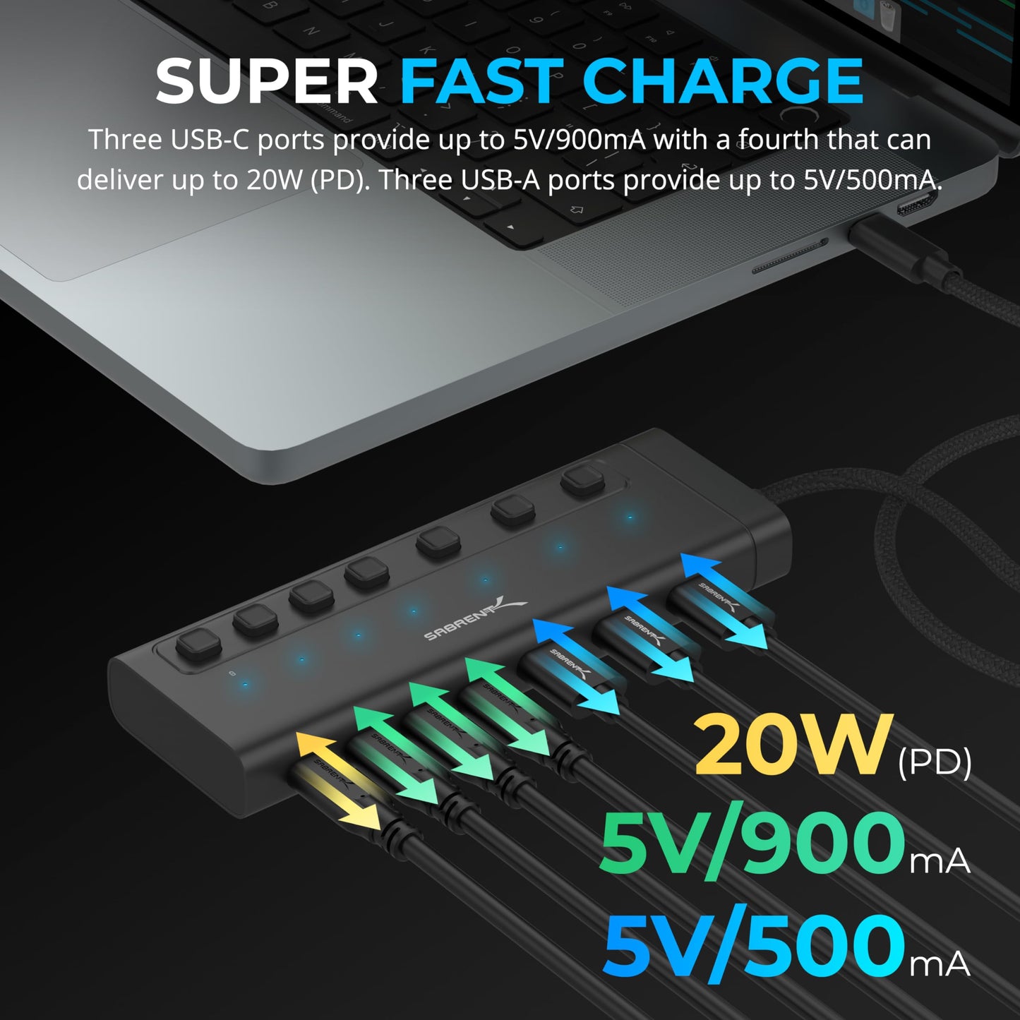 SABRENT 10-Port USB 3.0 Hub, Individual Power Switches and LEDs, 3 Smart Charging Ports, 60W Power Adapter, for PC, Mac, Xbox, PS5, Laptop, Desktop, USB Devices (HB-B7C3)