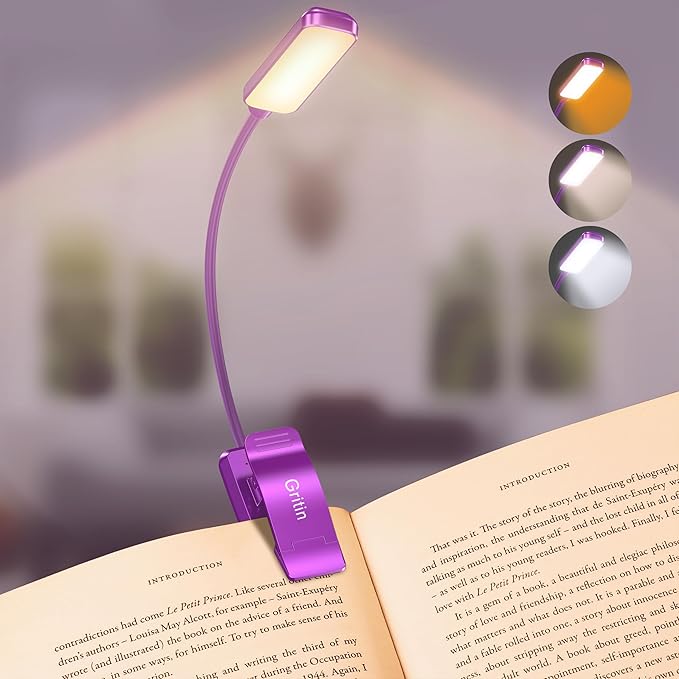 Gritin 9 LED Rechargeable Book Light for Reading in Bed - Eye Caring 3 Color Temperatures,Stepless Dimming Brightness,80 Hrs Runtime Small Lightweight Clip On Book Reading Light-Dark Purple