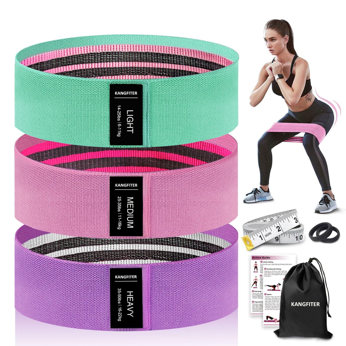 KANGFITER Non-Slip Fabric Resistance Bands for Working Out, Loop Exercise Bands for Booty Leg, Butt, Glute, Stretch Workout Bands for Women & Men, Hip Elastic Bands for Home Gym Fitness, Yoga, Pilates