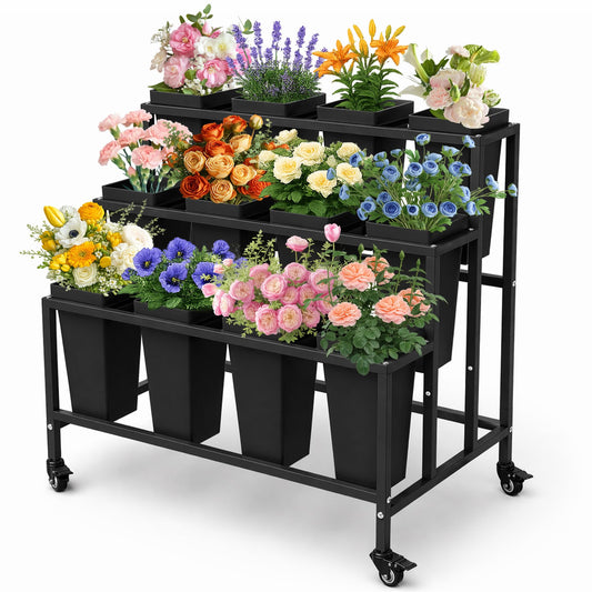PROLEE Flower Display Stand with 12 Buckets, Flower Stand Metal with Wheels, Flower Cart 3 Layers, Flower Stand Metal with Wheels, Moving Florist Bouquet Shelf, Rectangular Rack (Black)