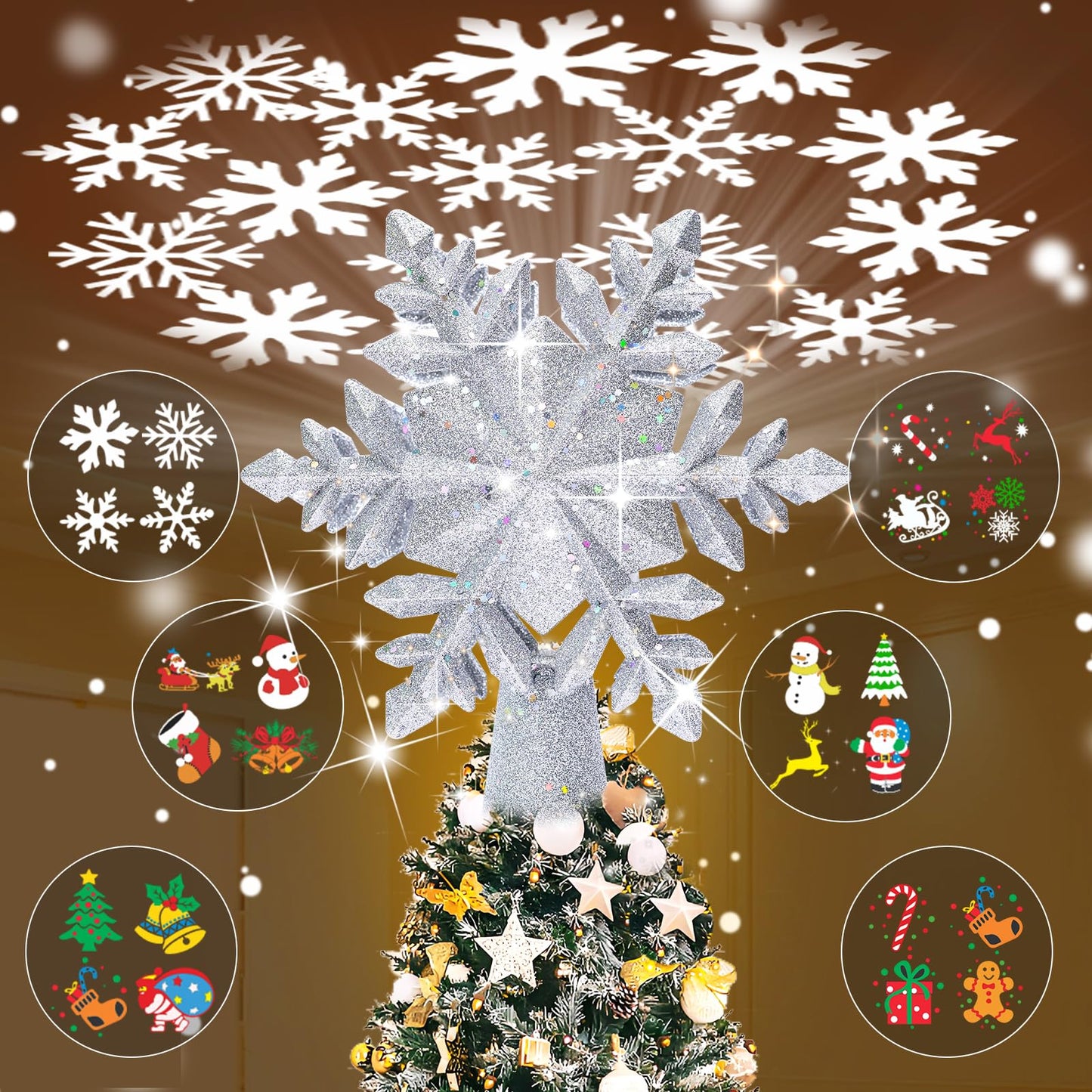 TKYHRMAS Christmas Tree Toppers Lighted with 6 Projection Modes, Christmas Snowflake Tree Topper with Built-in LED Rotating Lights, Silver 3D Glitter Projection for Xmas Party Holiday Decorations