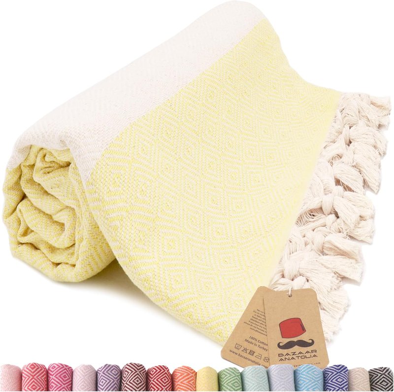 Turkish Beach Towel - 100% Cotton, Quick Dry & Sand Free | Oversized 71x39 Inches - Diamond Yellow