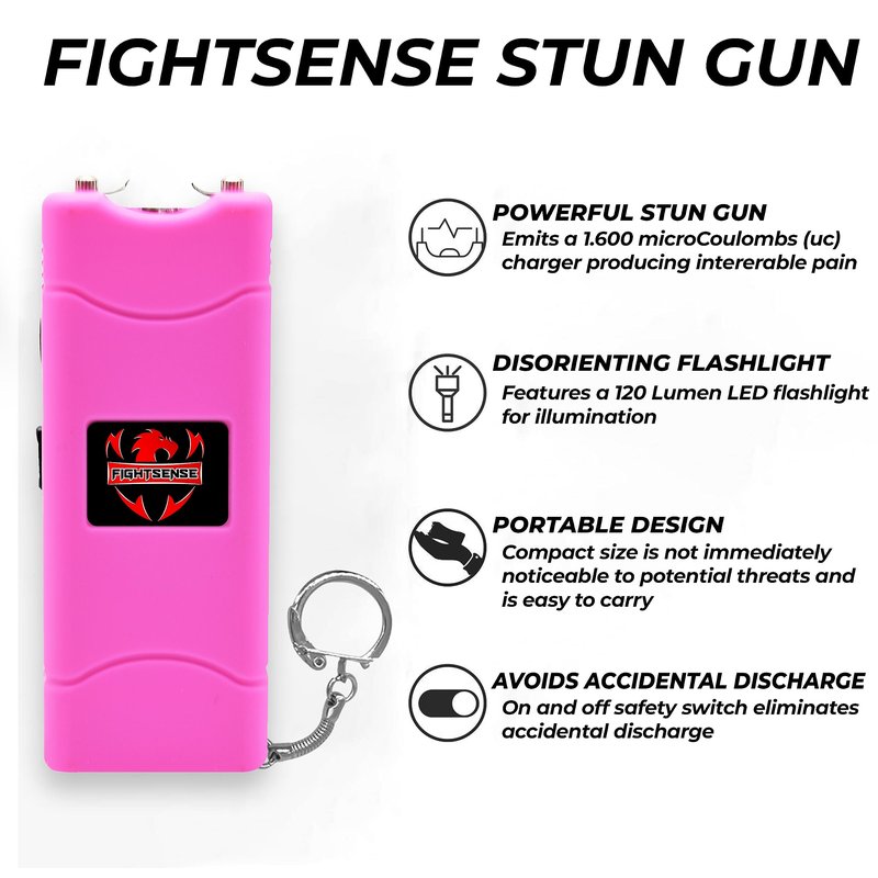 FIGHTSENSE Super Heavy Duty Keychain Stun Gun with Flashlight for Men and Women self Defense Device, Rechargeable Stun Gun, Nylon Holsters (Pink)