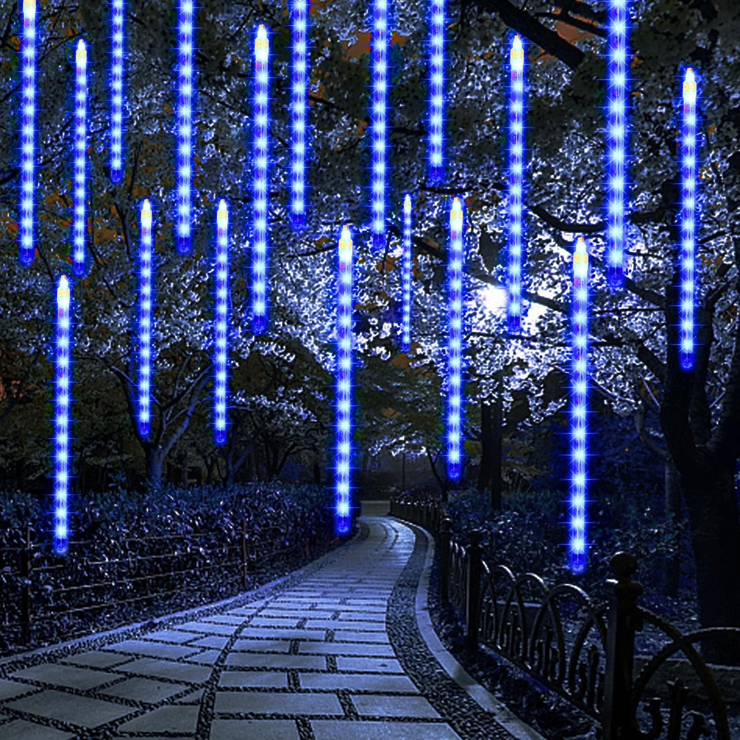 24 Tubes Meteor Shower Lights, Outdoor Icicles Christmas Decor, 12 Inch 864 LED Snow Falling Connectable Raindrop Lights, Xmas Wedding Party Tree Holiday Decoration, Blue