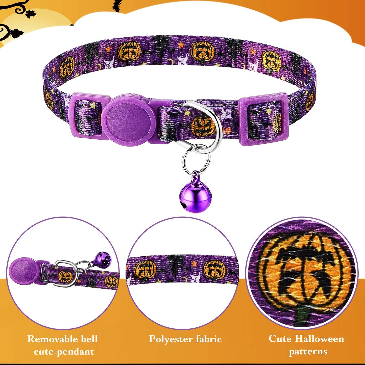 Weewooday 6 Pieces Halloween Cat Collar, Breakaway Cat Collars with Bell, Safety Buckle Soft Adjustable Pet Collar with Skull Pumpkin Patterns for Kitten Kitty Halloween Christmas Party