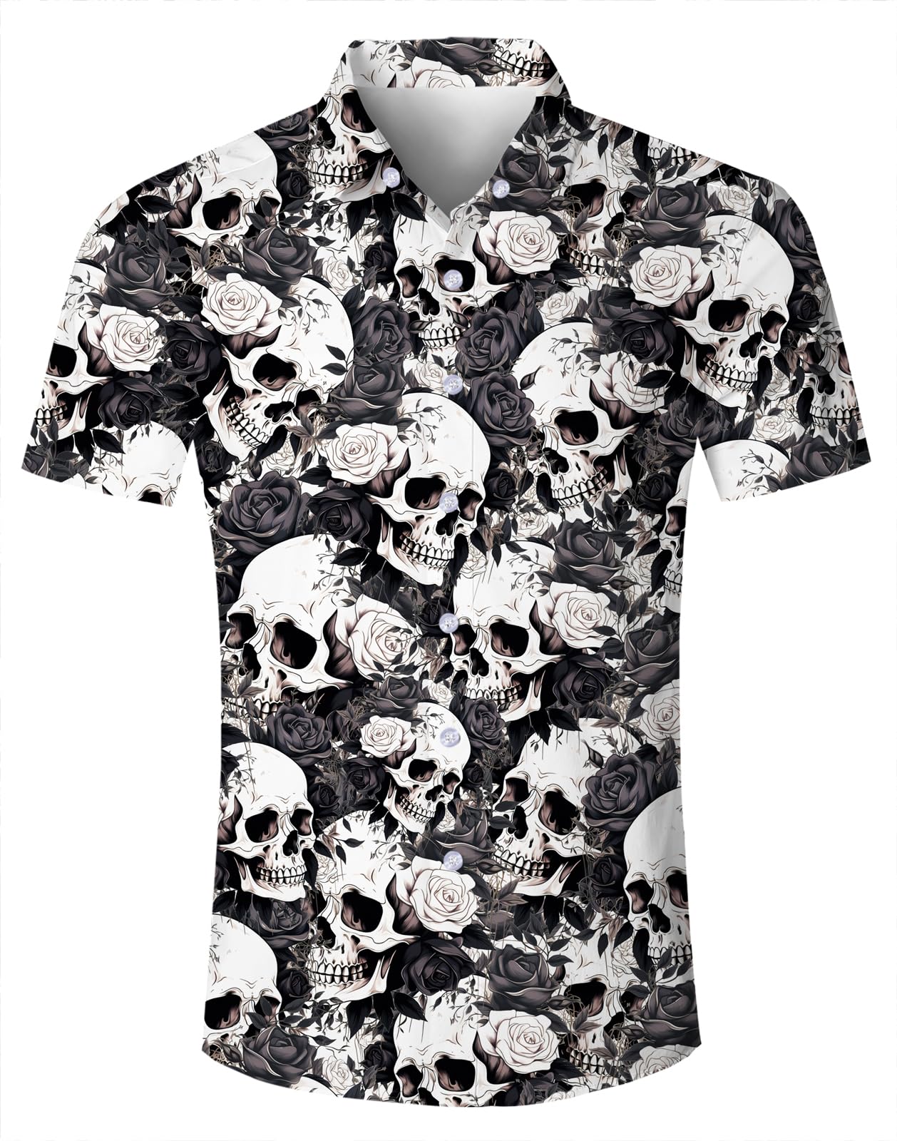 Goodstoworld Hawaiian Mens Skull Shirts 3D Halloween Horror Short Sleeve Print Teen Boys Aloha Button Down Dress Shirt Polo Party Gift Tops Black Grey