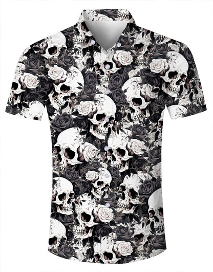Goodstoworld Hawaiian Mens Skull Shirts 3D Halloween Horror Short Sleeve Print Teen Boys Aloha Button Down Dress Shirt Polo Party Gift Tops Black Grey