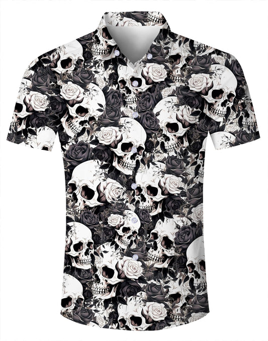 Goodstoworld Hawaiian Mens Skull Shirts 3D Halloween Horror Short Sleeve Print Teen Boys Aloha Button Down Dress Shirt Polo Party Gift Tops Black Grey