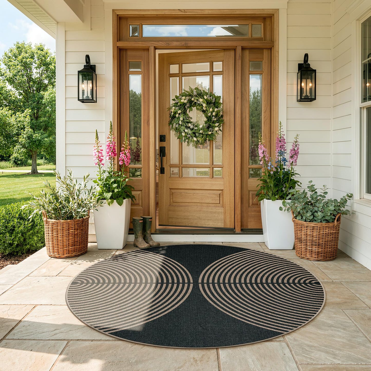 Lahome Enfys Modern Rainbow Round Rug, 6ft Easy Jute Circle Patio Rug Washable Indoor Outdoor Carpet for Living Room, Farmhouse Natural Contemporary Round Mat for Entryway Backyard Porch