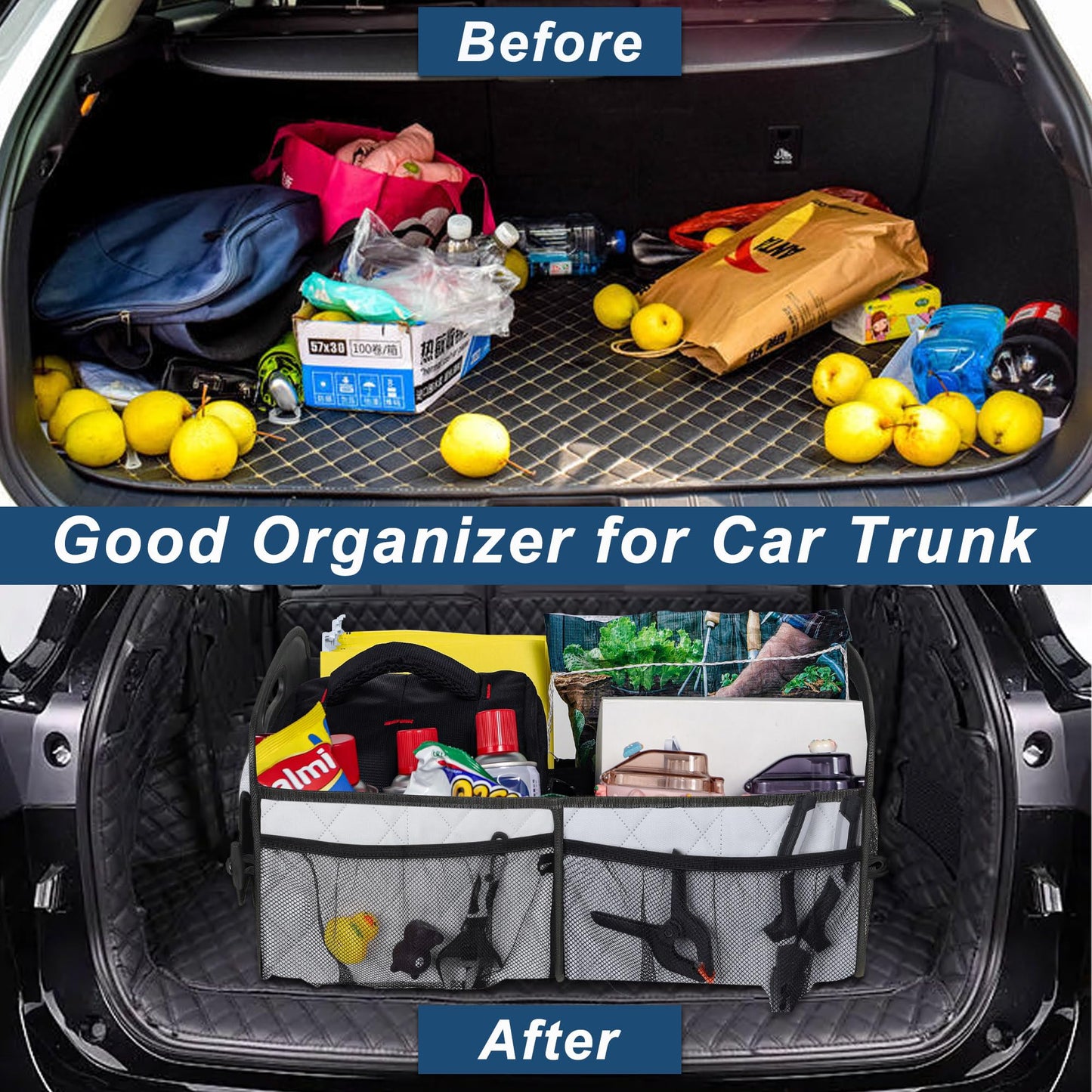 Deosk Trunk Organizer with 6 Pockets - Car Storage Accessory for SUVs, Minivans, and Trucks - 50L Waterproof Polyester (Medium, Beige)
