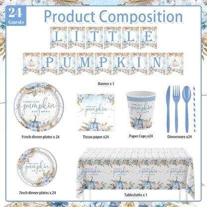 AIBIIN 194Pcs Fall Pumpkin Baby Shower Decorations for Boys, Boho Floral Pampas Grass Little Pumpkin Party Supplies Disposable Tableware Set Plates Napkins Banners Plastic Tablecloth for Baby Shower