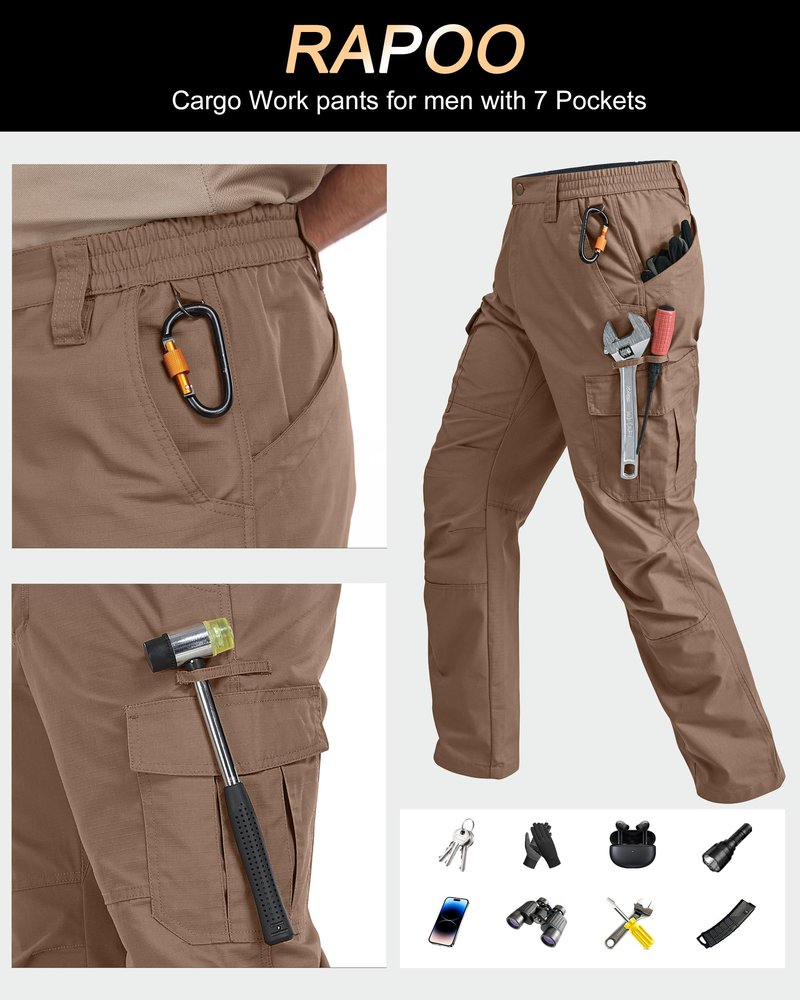 Rapoo Work Pants for Men Cargo Tactical Military Army Pants for Men with Pockets Heavy Duty Elastic Waist Mens Ripstop Construction Outdoor Pants Brown 32Wx30L