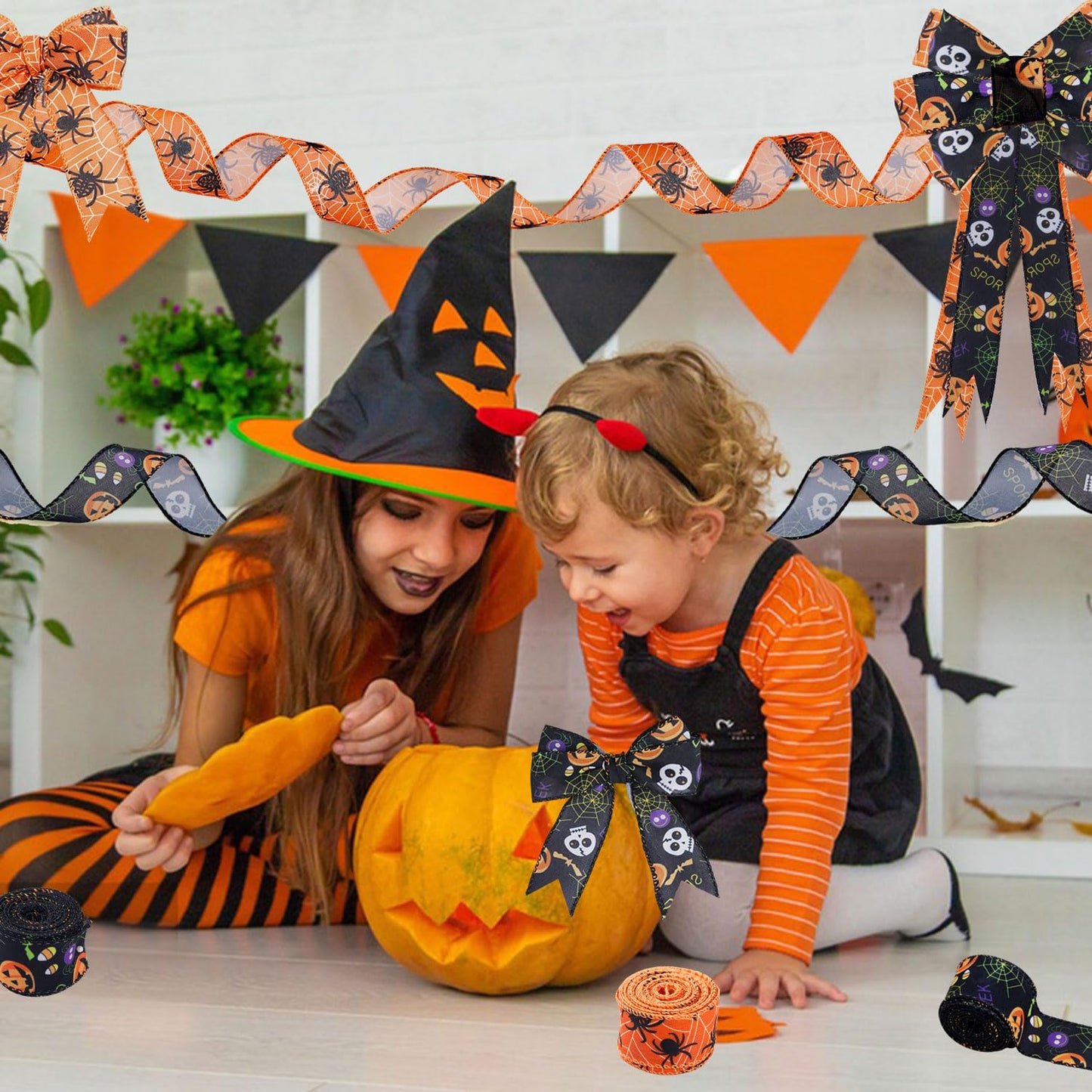 2 Rolls 12 Yards Wired Edge Ribbon - Skull Pumpkin Halloween Decorative Spider Web Printed Wrapping Ribbon for Party Wreath DIY Craft Floral Bow