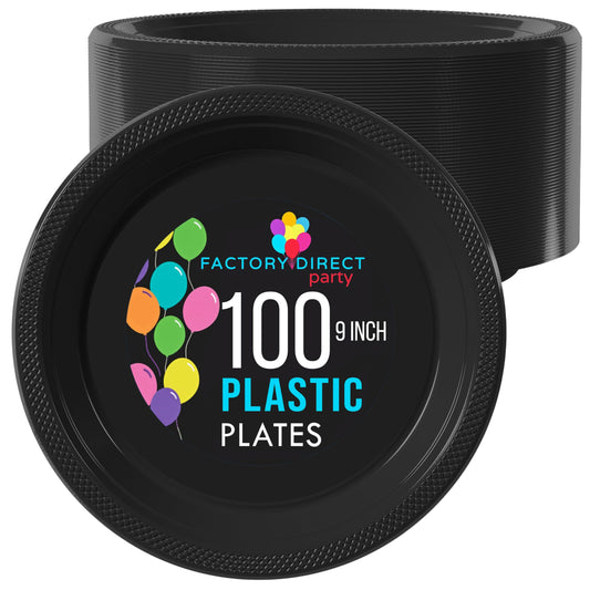 Exquisite Party Solids Black Plastic Plates For Party 9" Black Disposable Plates Heavy Duty Supplies 100 Pcs Plastic Dinnerware Sets Heavy Duty 350 GSM Disposable Dinnerware Set