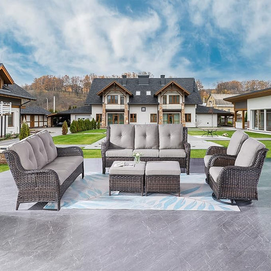 Rilyson Wicker Patio Furniture Set - 6 Piece Rattan Outdoor Sectional Conversation Sets with 2 Rocking Swivel Chairs,2 Ottomans and 2 Sofa for Porch Deck Garden(Brown/Grey)