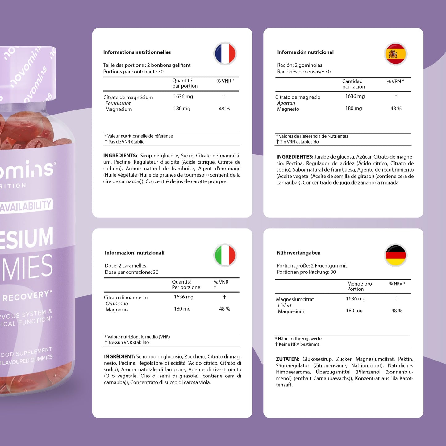 Magnesium Gummies - High Strength 1636 mg of Citrate Offering 180mg of Elemental Mg - Magnesium Supplements - Alternative to Tablets, Spray & Oil - Vegan - 60 Gummies - Novomins