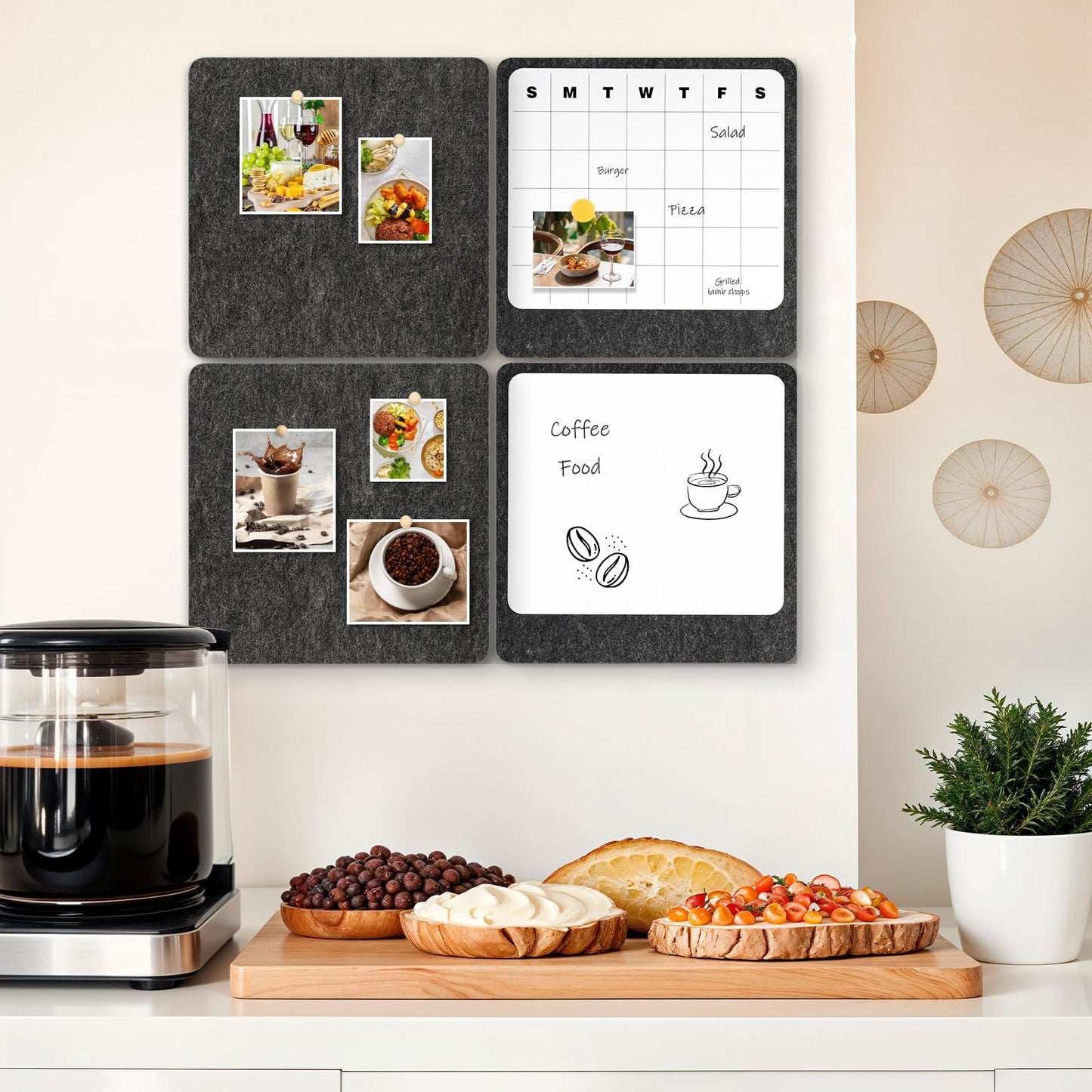 DOLLAR BOSS Felt Bulletin Board & Magnetic Whiteboard Calendar Combo 4 Pcs 12" X 12" Cork Board Dry Erase Board for Wall Frameless Combination Board with Pins Wall Decor for Home School Office