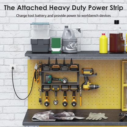 CCCEI Modular Power Tool Organizer Wall Mount Charging Station, Black 6 Drills Holder with 8 Plug Power Strip, Garage Drill Battery Heavy Duty Metal Shelf, Utility Rack with Hooks, Side Storage.