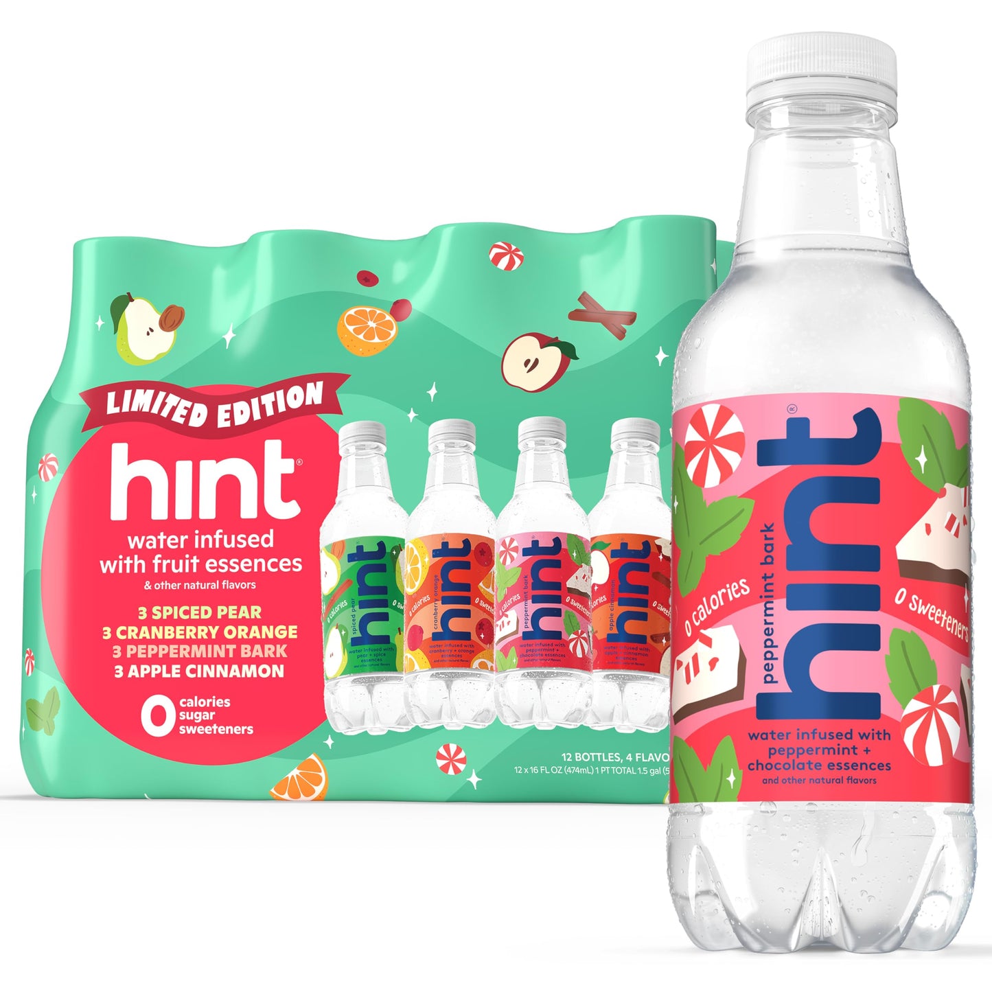 Hint Fruit-Infused Bottled Water, Winter Variety Pack - Sugar Free Flavored Water with Zero Calories, Naturally Flavored, and No Artificial Sweeteners - 16 Fl Oz (Pack of 12)