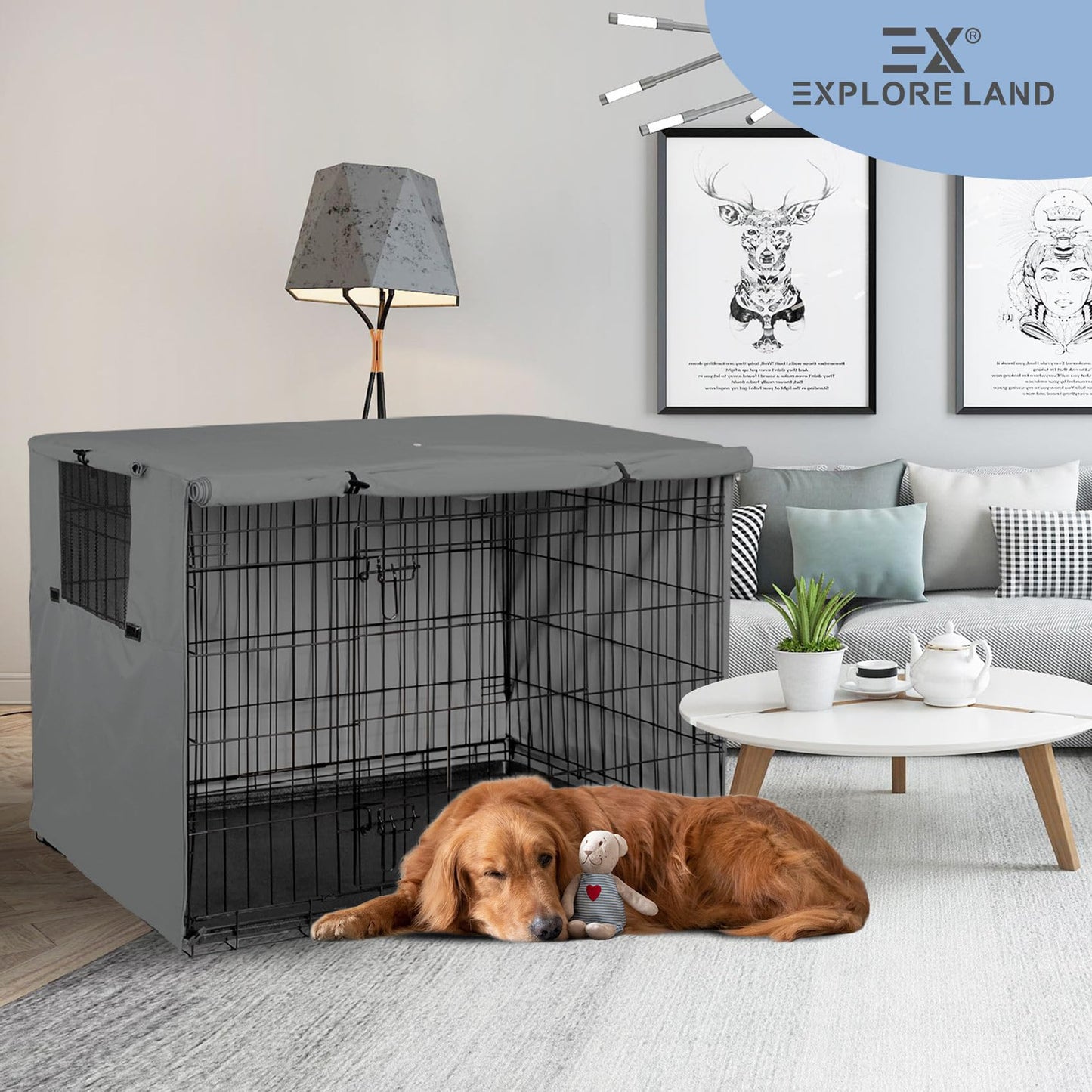 Explore Land Dog Crate Cover Durable - Polyester Pet Kennel Cover Universal Fit for 24-48 inches Wire Dog Crate (42 Inch (Pack of 1), Grey Cover)