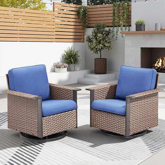 Patio Wicker Chairs Swivel Rocker-Outdoor Swivel Rocking Patio Chairs Set of 2,Wide Armrest Wicker Chair Outdoor Patio Furniture Set with Covered Cushions for Porch Balcony Patio Deck Brown/Blue