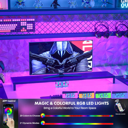 iSunirm 48 Gaming Desk with Hutch, Large Computer Desk with LED and Charging Station, Home Office Desk with Pegboard, Power Outlet, Storage and Monitor Stand, 48'' Gamer Desk PC Table, White