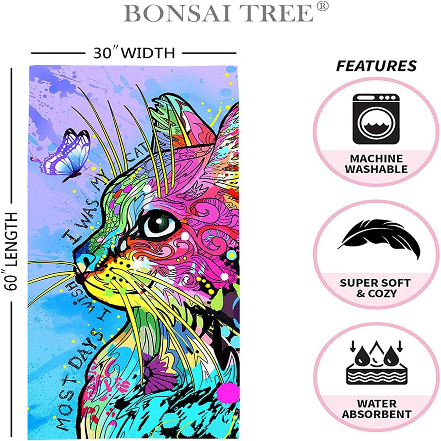 Bonsai Tree Cat Gifts Beach Towel for Women Girls, Cute Microfiber Bath Towel Gifts, Funny Sand Free Quick Dry Travel Towels for Women Kids Yoga Sports 30" X 60