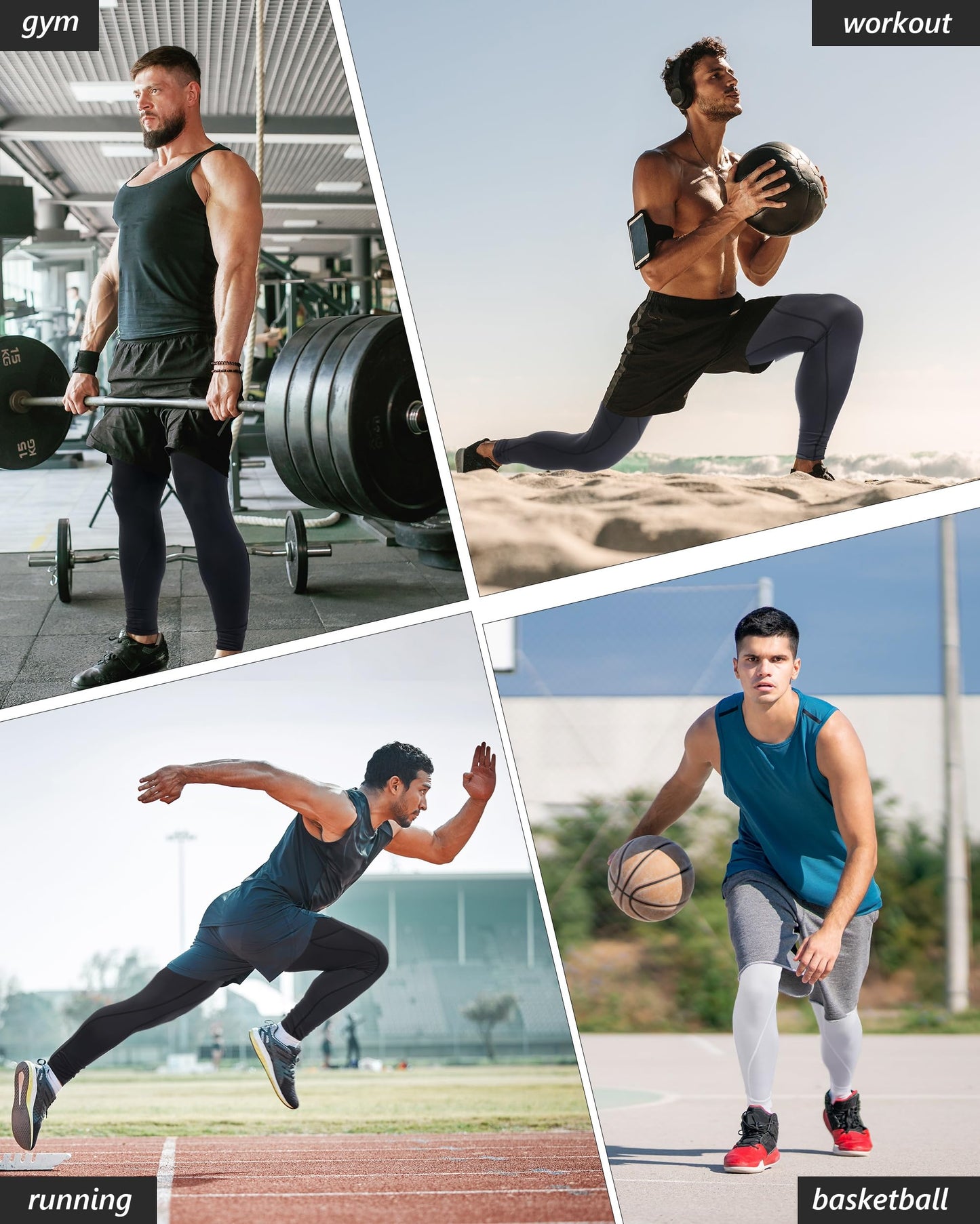 Roadbox Compression Pants Men, Running Workout Leggings with Pockets, Gym Basketball Athletic Tights Base Layer Black