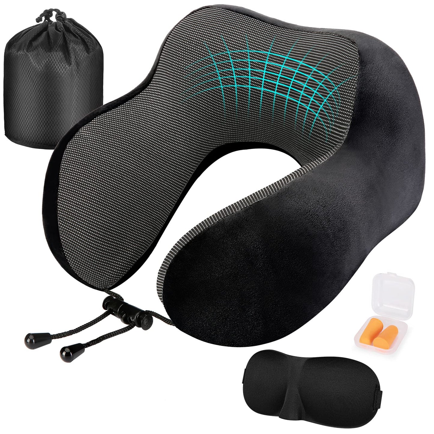 Eono Neck Pillow Memory Foam, Travel Pillow for Neck, Comfortable Neck and Head Support Pillow for Plane Cars Trains Office, Soft Flight Travel Cushion for Sleeping
