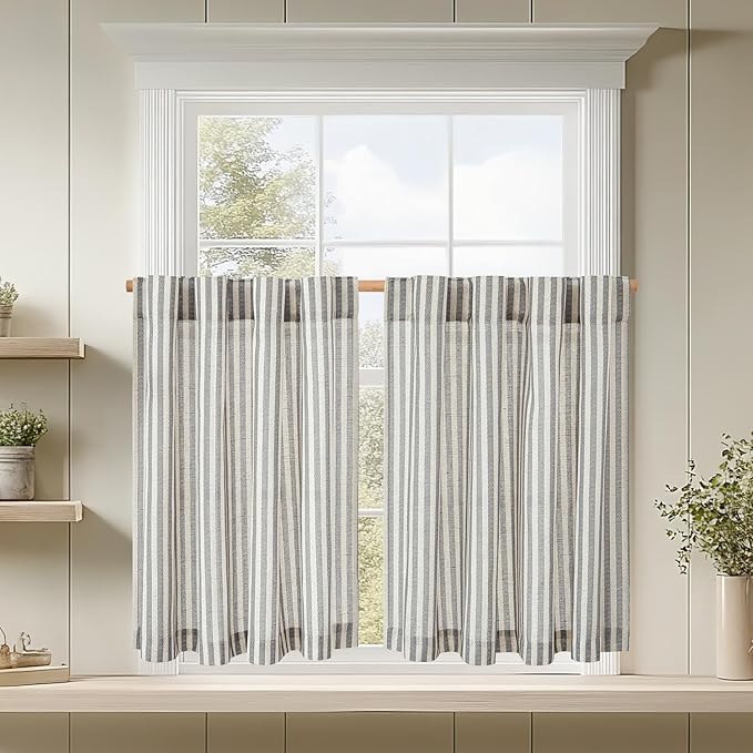 jinchan Striped Linen Kitchen Curtains 45 Inches Tier Curtains Farmhouse Modern Cafe Style Small Window Treatments Airy Light Filtering Rod Pocket for Living Room Bathroom 2 Panels Charcoal Grey