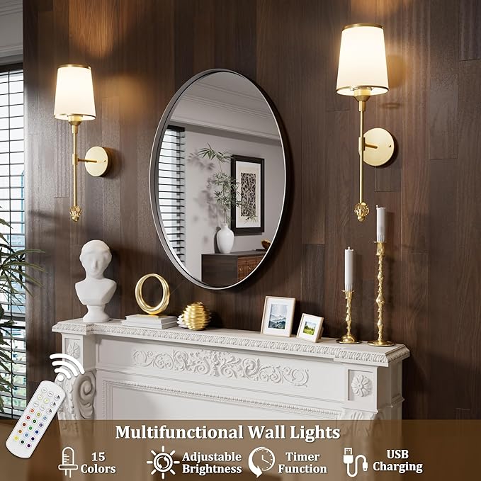 PAIHOME Gold Battery Operated Wall Sconce Set of Two, Rechargeable Wireless Sconces with 5000mAh, 15 Colors Remote Control Dimmable Wall Sconce for Bedroom Living Room Bathroom Hallway Wall Decor