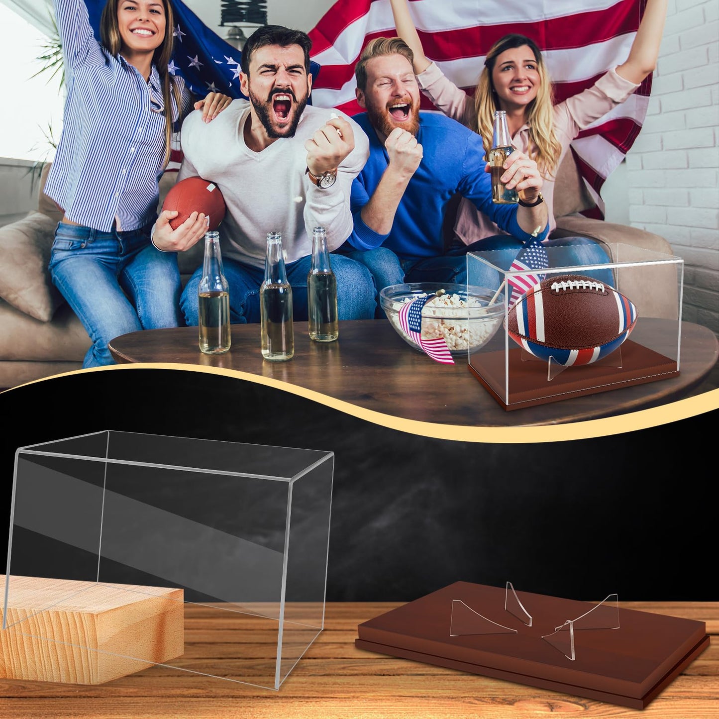 WYFHLPMMA Full Size Football Display Case, Acrylic Football Case Display Case Autographed Football Holder, Acrylic Transparent Box with Wooden Support and Solid Wood Base
