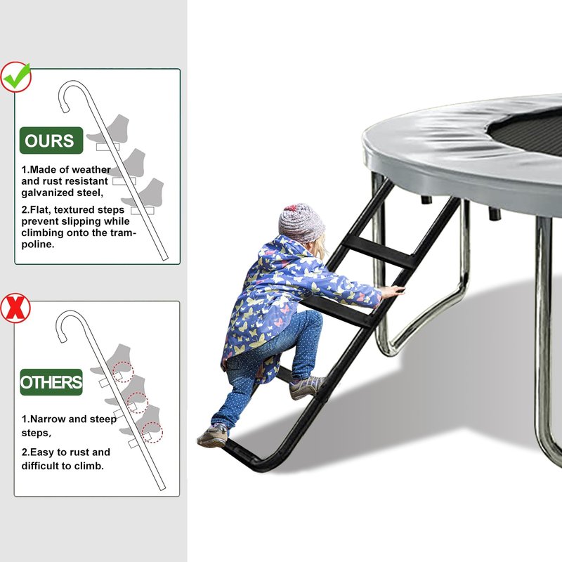 Eurmax USA Universal Trampoline Ladder,240 lbs Capacity,3 Wide Skid-Proof Steps&Shoe Storage Pocket,UV-Resistant Steel Stairs for Kids,Heavy Duty Universal Hook Fit,Trampoline Accessories for Children