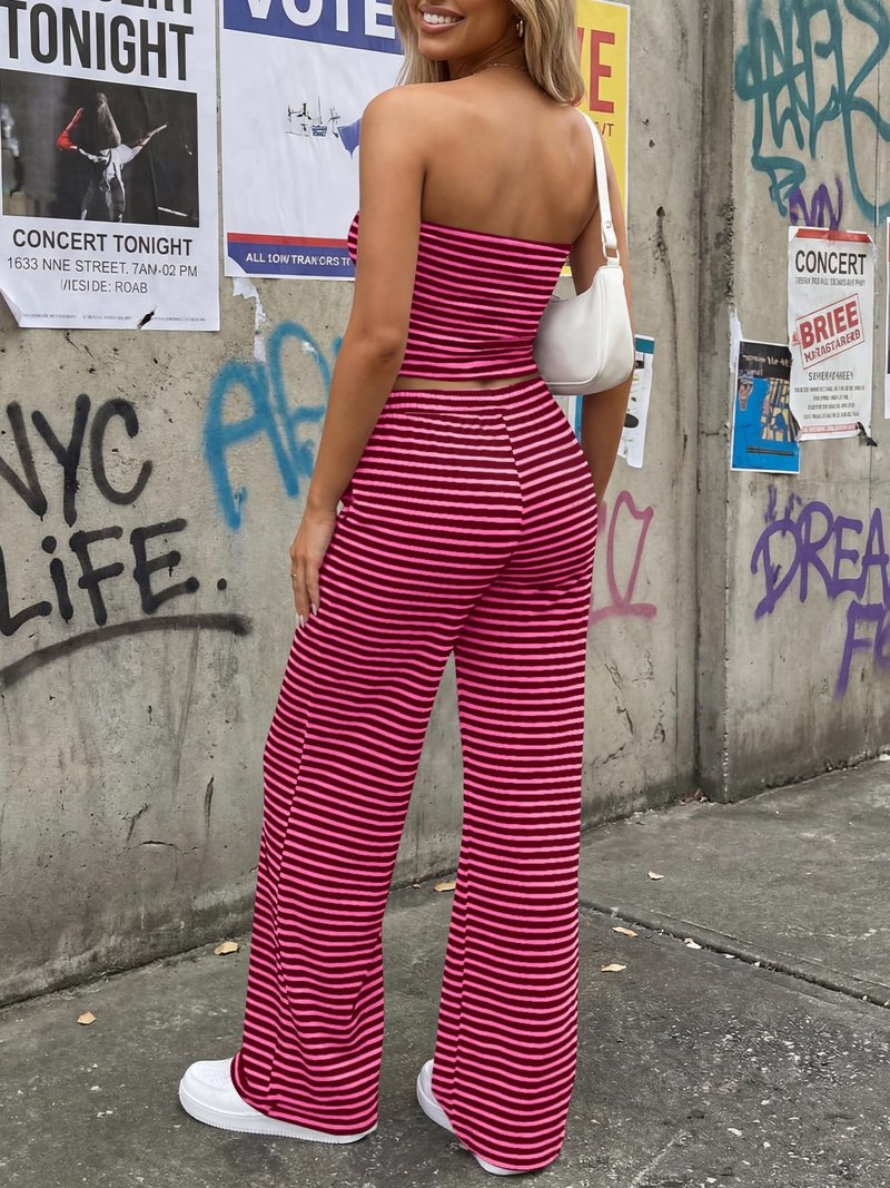 Trendy Queen Womens 2 Piece Lounge Sets Matching Summer Beach Vacation Outfits 2026 Pajamas Striped Crop Tube Tops Wide Leg Pants Pockets Travel Clothes Pink M