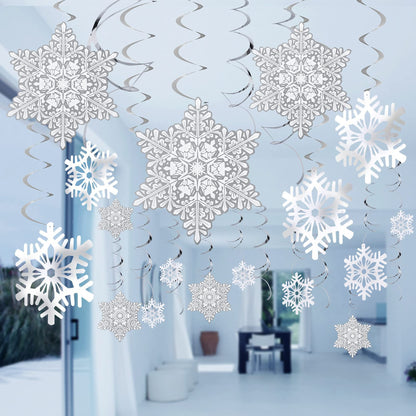 Ouddy Life 51 Pcs Christmas Snowflake Swirl Hanging Decorations, White Silver Snowflake Ornaments Decorations for Christmas New Year Holiday Winter Wonderland Frozen Theme Birthday Party Decorations