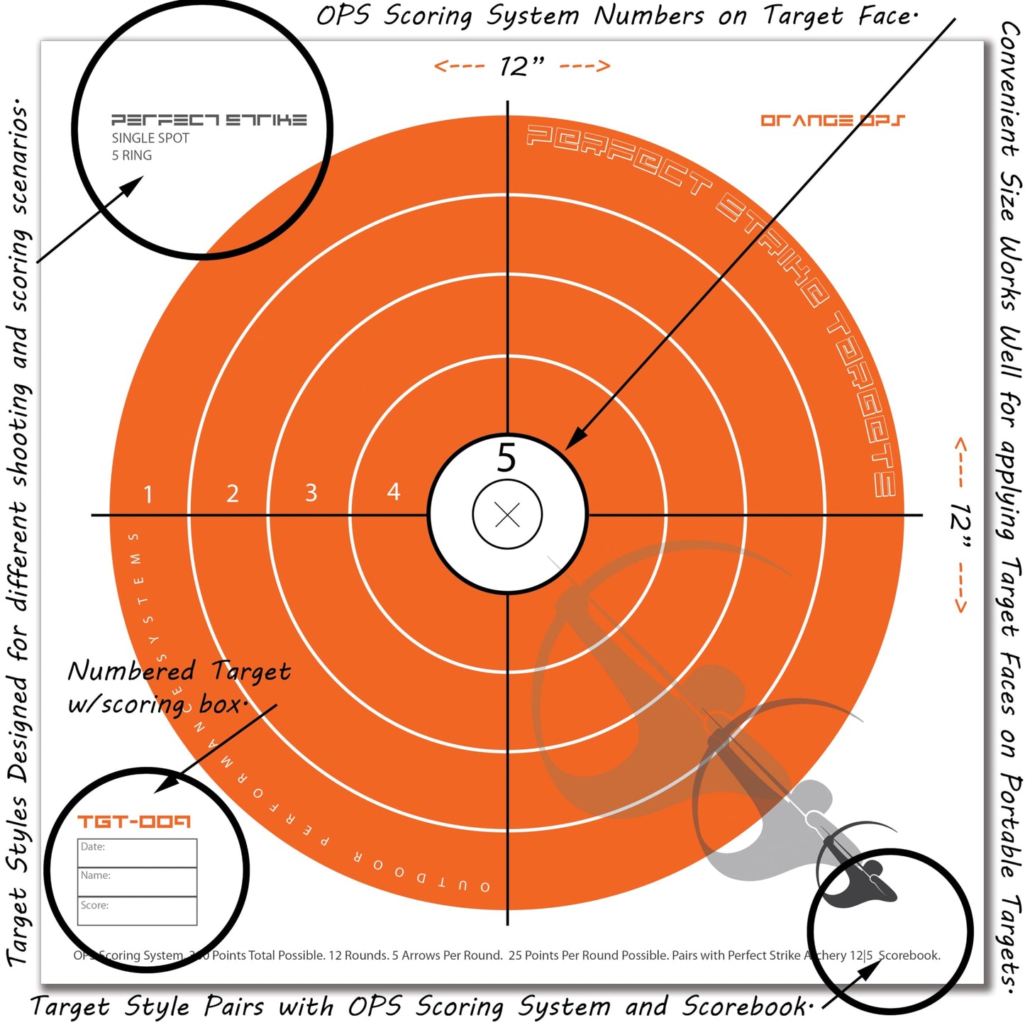 Perfect Strike Archery Paper Targets. Single Spot Bullseye Design. (12" x 12"). PSA-OO-SYS-009. (12 Targets)