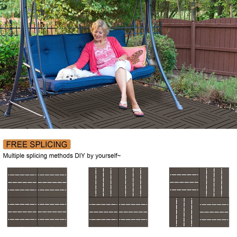 Goovilla Plastic Interlocking Deck Tiles, 9 Pack Balcony Flooring, 12"x12" Waterproof Outdoor Flooring All Weather Use, Patio Floor Decking Tiles for Porch Poolside Backyard Concrete, Dark Coffee