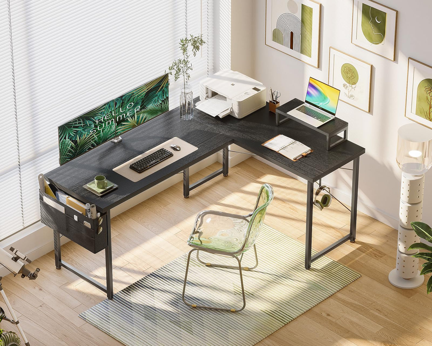 Casaottima L Shaped Computer Desk with Storage Bag, 57.5 Inch Reversible Gaming Table, Home Office Corner Desk with Monitor Shelf, Space-Saving Writing Workstation Desk, Easy to Assemble, Black