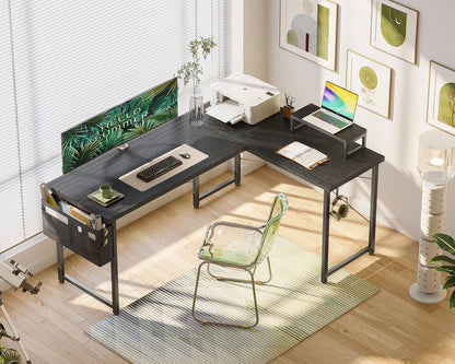Casaottima L Shaped Computer Desk with Storage Bag, 57.5 Inch Reversible Gaming Table, Home Office Corner Desk with Monitor Shelf, Space-Saving Writing Workstation Desk, Easy to Assemble, Black